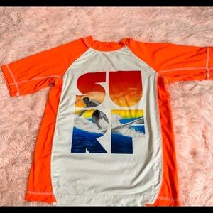 3 boys swimming shirts 2 blue and white 1 orange and white size med.